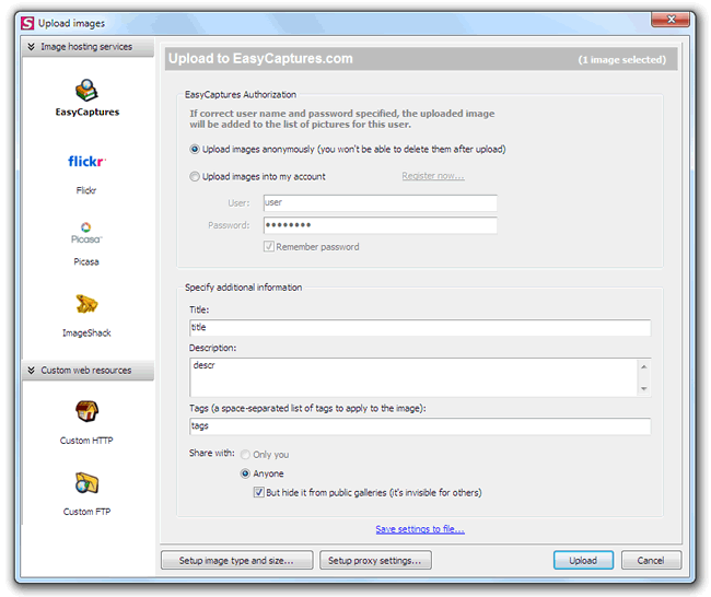 Upload files to Flickr, Google Picasa, ImageShack, custom FTP and HTTP servers